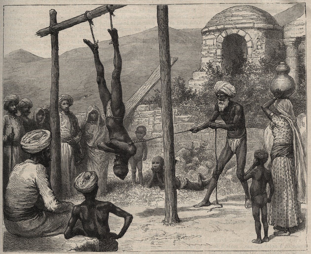 تم تعليق الفقير في الهند - الفقير (Faquir) في الهند - من القدمين على قضيب خشبي - نقش من عام 1892 في "Journal des voyages". بواسطة مجهول مجهول