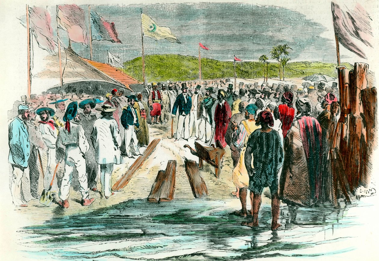 The first pick-up at the inauguration of the drilling works on the Suez Canal on 25 April 1859 The construction site in Egypt intended to connect the Red Sea to the Mediterranean Sea lasted until 1869. Engraving of the 19th century Collection Particuliere بواسطة مجهول مجهول