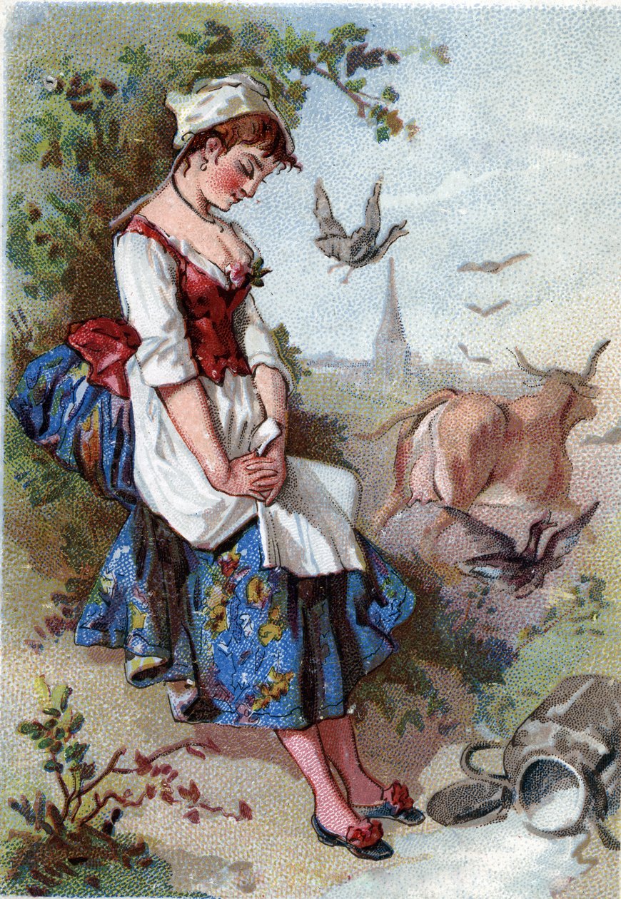 الحليب ووعاء الحليب. حكاية جان دي لافونتين (لافونتين) (1621-95). الطباعة الحجرية الملونة في القرن التاسع عشر. مجموعة خاصة. بواسطة مجهول مجهول