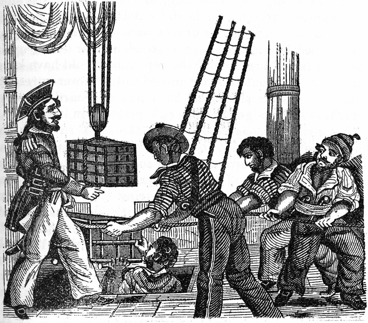 قام القرصان "لونج بن" جون أفيري (الذي فعل ذلك عام 1643) بتحميل ثلاثة صناديق من الخزائن (الذهب والحجارة) على سفينته. نقش "كتاب القراصنة الخاص" 1837. بواسطة مجهول مجهول