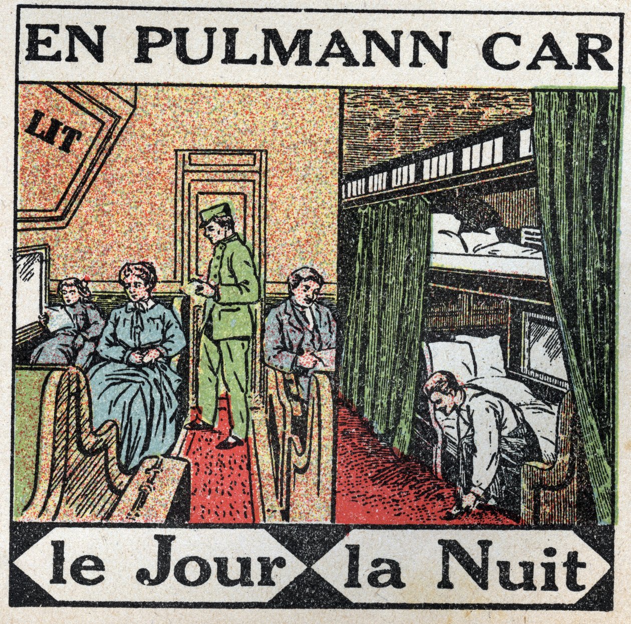 السكة الحديد: داخل سيارة بولمان. رسم توضيحي مجهول من عام 1925. مجموعة خاصة. بواسطة مجهول مجهول