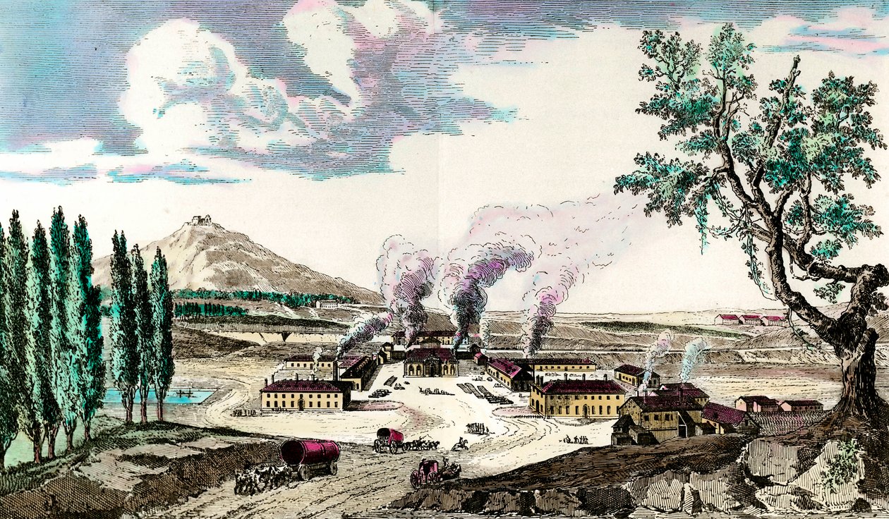 المسبك الملكي في Creusot (Saone and Loire) عام 1787 صنع من بين أشياء أخرى تسليح الجيش الفرنسي. نقش القرن الثامن عشر. مجموعة خاصة بواسطة مجهول مجهول