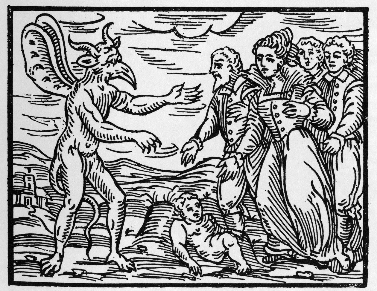 السحرة الذين يقدمون الطفل إلى الشيطان - "" الخلاصة Maleficarum "" ، يتعامل مع السحرة وشرورهم وفرزهم بقلم Francesco Maria Guazzo أو Guaccio أو Guaccius (15 ؟؟ -16 ؟؟) 1608 Private Collection بواسطة مجهول مجهول