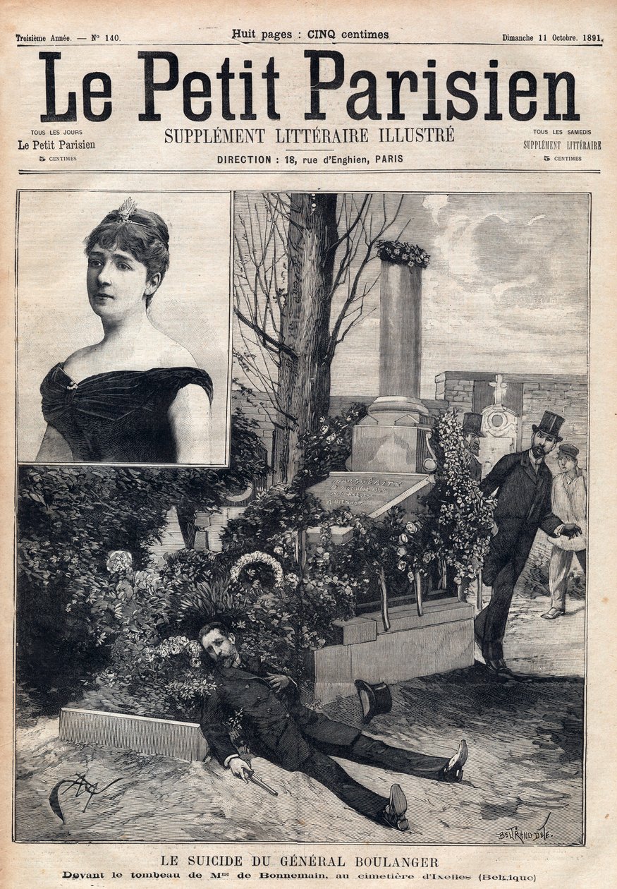 انتحار الجنرال جورج بولانجر (1837-1891) في مقبرة إيكسيليس في بلجيكا أمام قبر مدام بونمينز. نقش على "" Le petit Parisien "من عام 1891. مجموعة خاصة. بواسطة مجهول مجهول