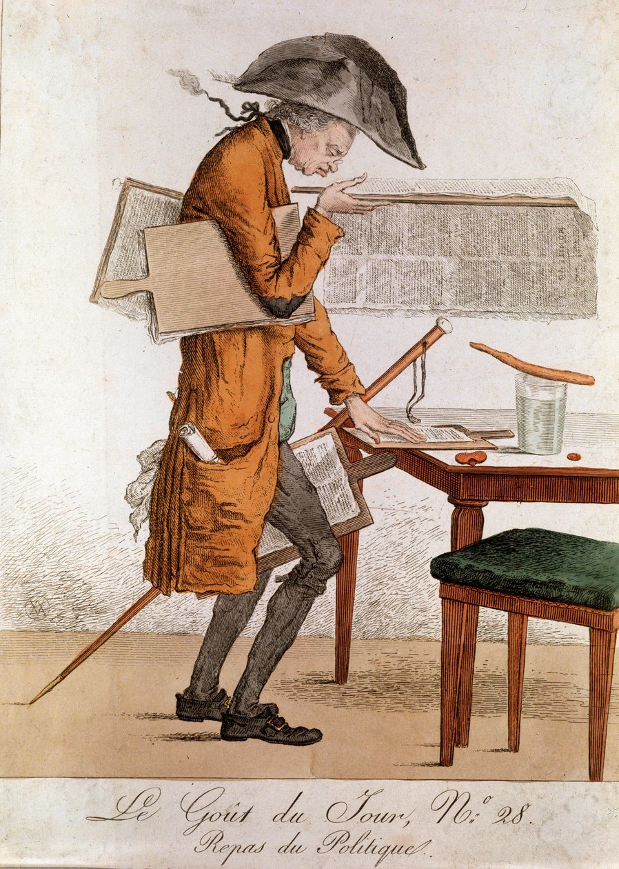 طعم اليوم: غداء سياسة الكاريكاتير على وظيفة الصحفي. نقش أواخر القرن الثامن عشر وبداية القرن التاسع عشر مجموعة خاصة بواسطة مجهول مجهول
