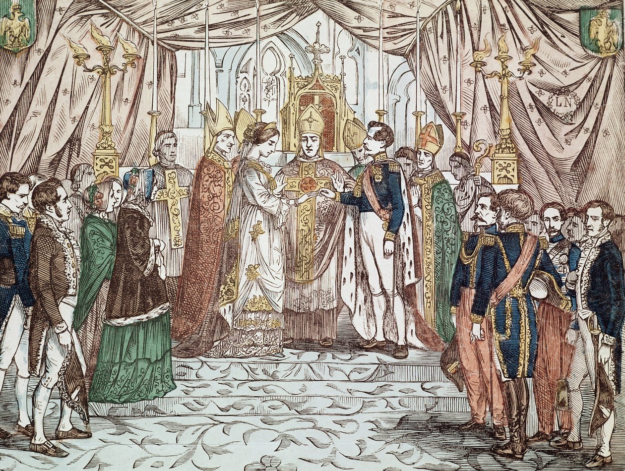 حفل زفاف نابليون الثالث ويوجينيا ماريا دي مونتيجو دي جوزمان ، في 30/1/1853 في كاتدرائية السيدة العذراء (نقش) بواسطة مجهول مجهول