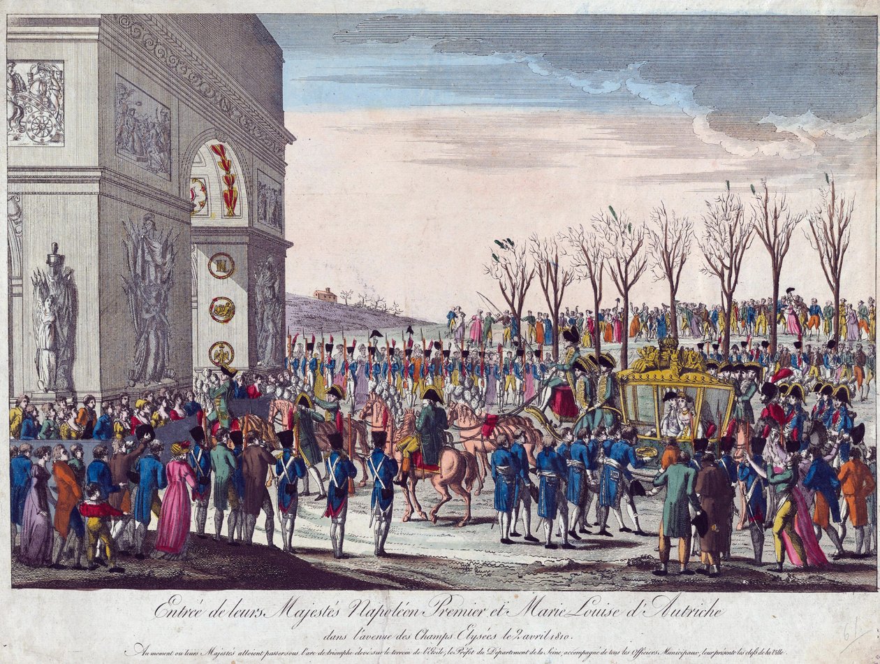 موكب زفاف نابليون وماري لويز على طول الشانزليزيه في الثاني من أبريل عام 1810 - مجهول - 1810 - حفر ، ألوان مائية - 35،3 × 45،7 - مجموعة خاصة بواسطة مجهول مجهول