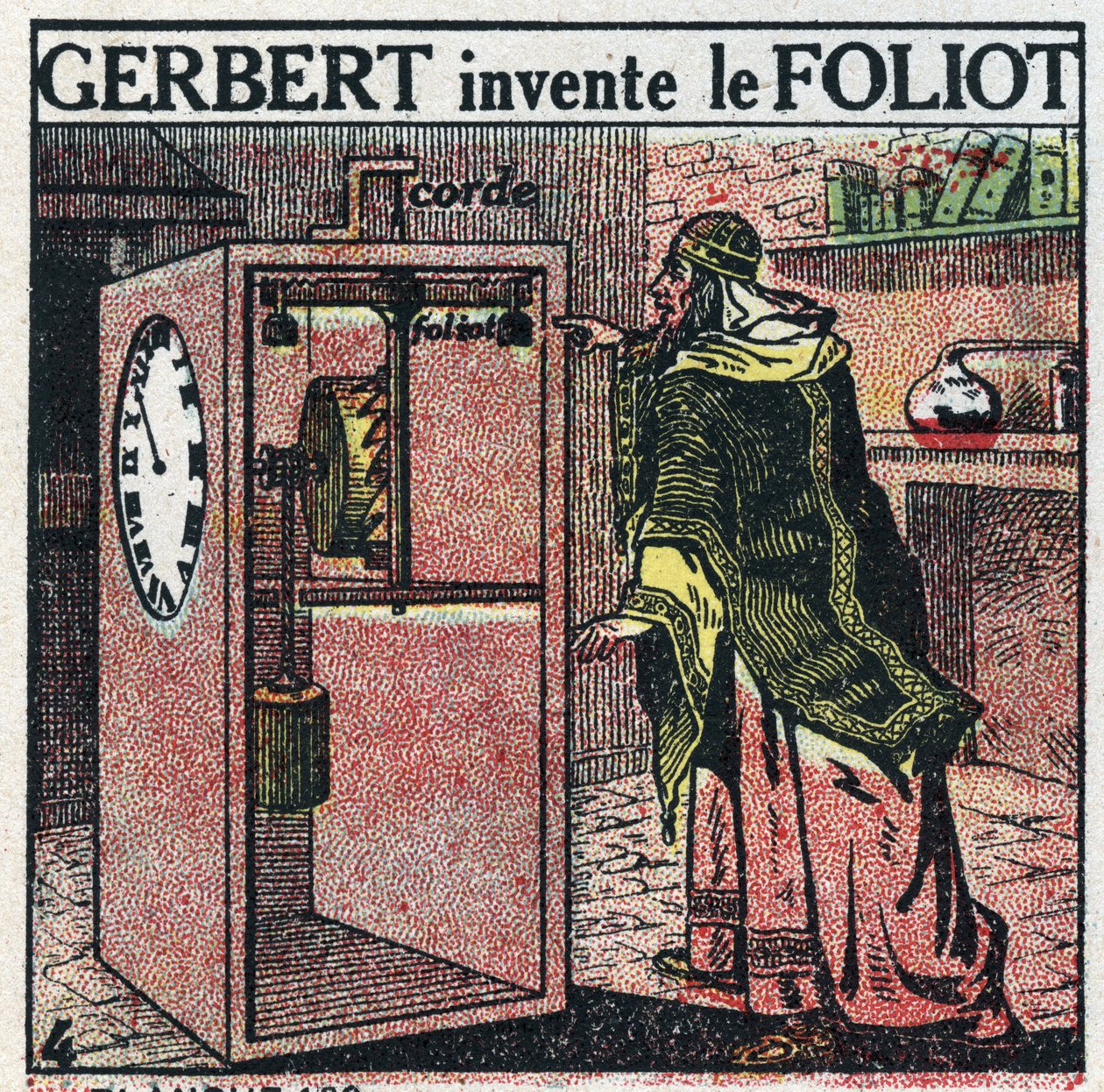 الوقت: الساعة لها وزن. اخترع Gerbert d'Aurillac (من آكيتاين أو ريمس المعروف باسم البابا سيلفستر الثاني) (حوالي 938-1003) الساعات الورقية. رسم توضيحي مجهول من عام 1925. مجموعة خاصة. بواسطة مجهول مجهول