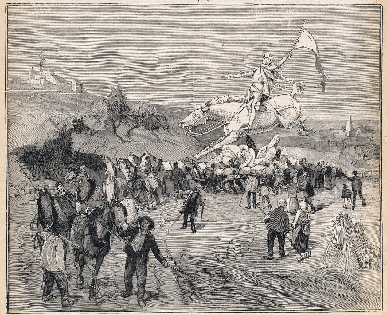 نقل تمثال جان دارك من باريس إلى شينون. نقش على "" لو بيتي باريزيان "" في 13/8/1893. بواسطة مجهول مجهول