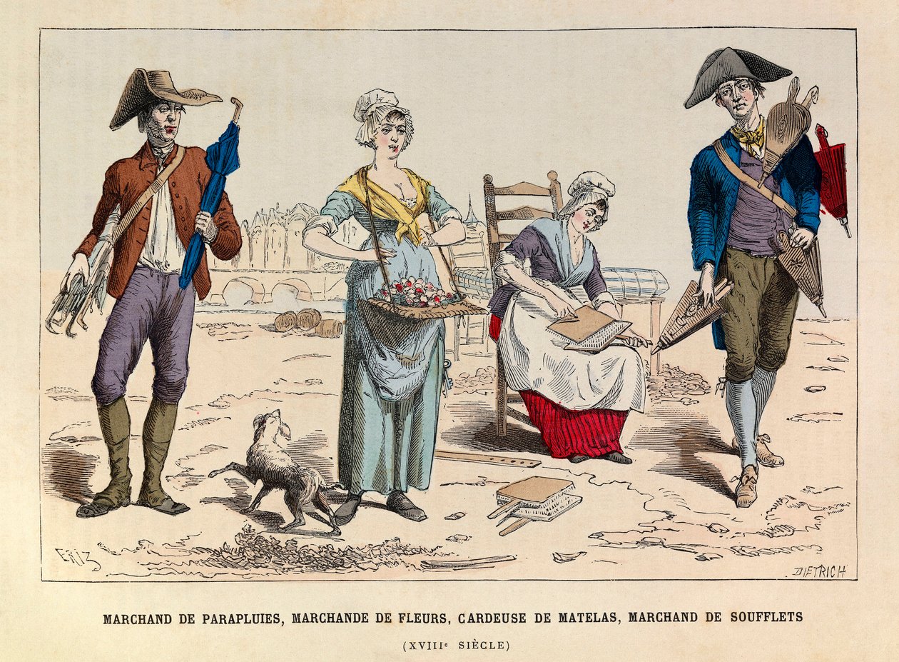 Umbrella merchant, flower merchant, mattress carder and bellows dealer in Paris in the 18th century - Umbrella seller, flower seller, carder and bellows seller at Paris 18th Century - private collection بواسطة مجهول مجهول