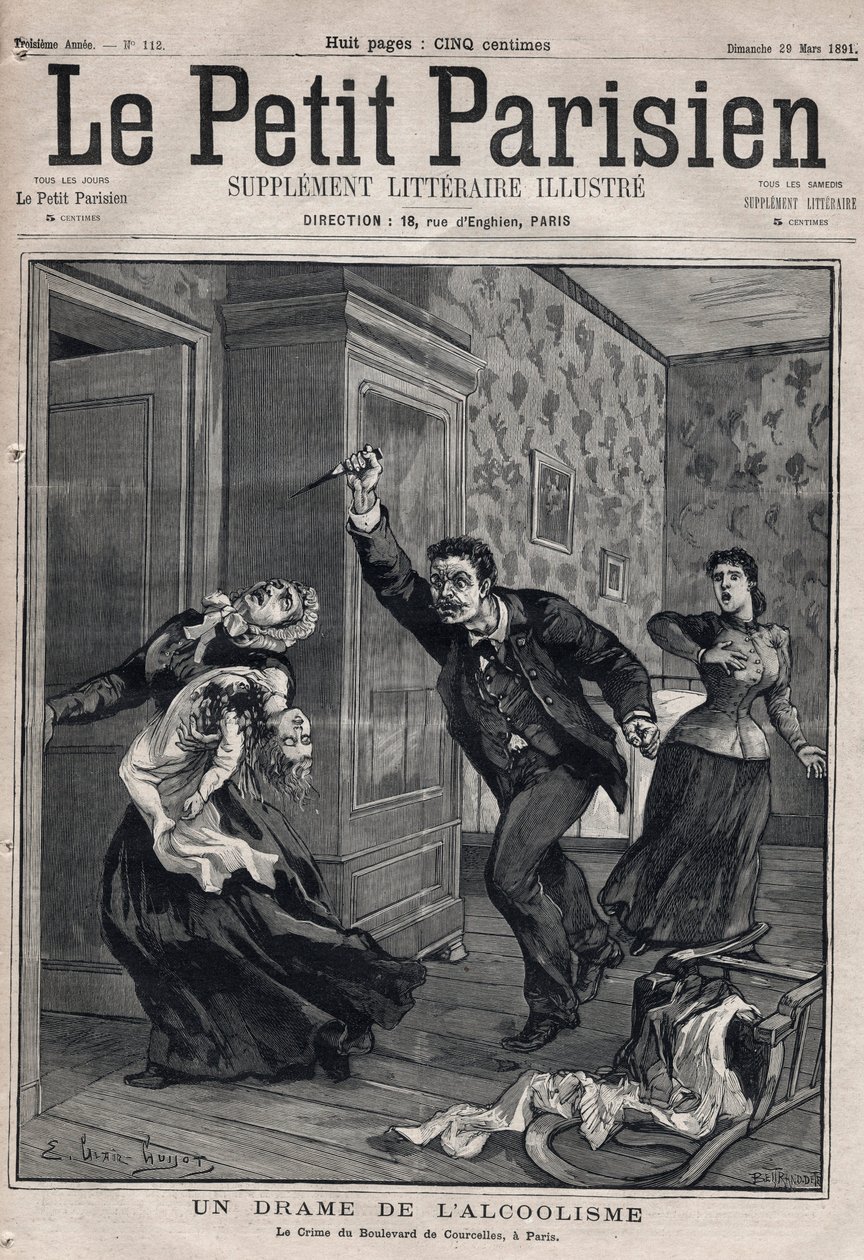 حقائق مختلفة: دراما إدمان الكحول - Le crime du Boulevard de Courcelles in Paris - نقش في "Le petit Parisien" من عام 1891 - Collection privee بواسطة مجهول مجهول