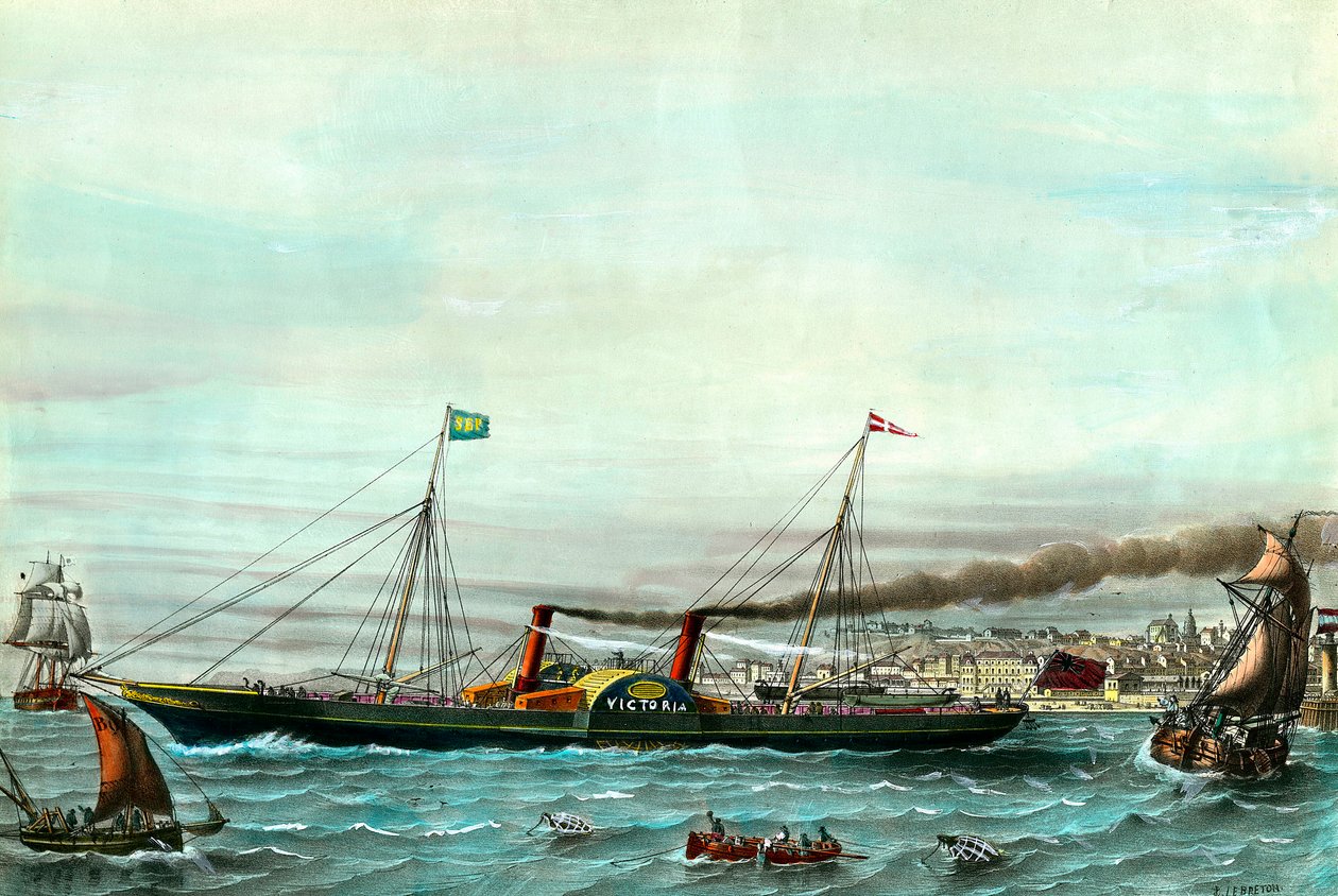 Vessel a wheel la Victoria "" يخدم بين بولوني سور مير وفولكستون "" "نقش من القرن التاسع عشر. مجموعة خاصة بواسطة مجهول مجهول