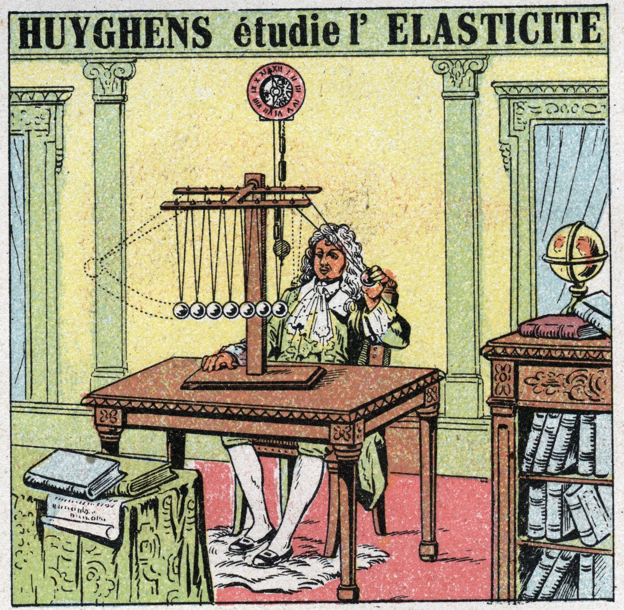الحركات الاهتزازية: يدرس Christiaan Huygens (1629-1695) مرونة المادة من خلال ملاحظة الخرز العاجي. رسم توضيحي مجهول من عام 1925. مجموعة خاصة. بواسطة مجهول مجهول