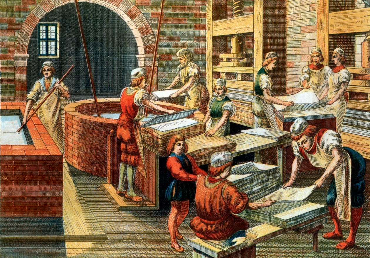 View of a paper manufacturing workshop in Fabriano in the 16th century, Italy. The different steps. Illustration. Private Collection - A Papermaking workshop in Fabriano (Italy) بواسطة مجهول مجهول