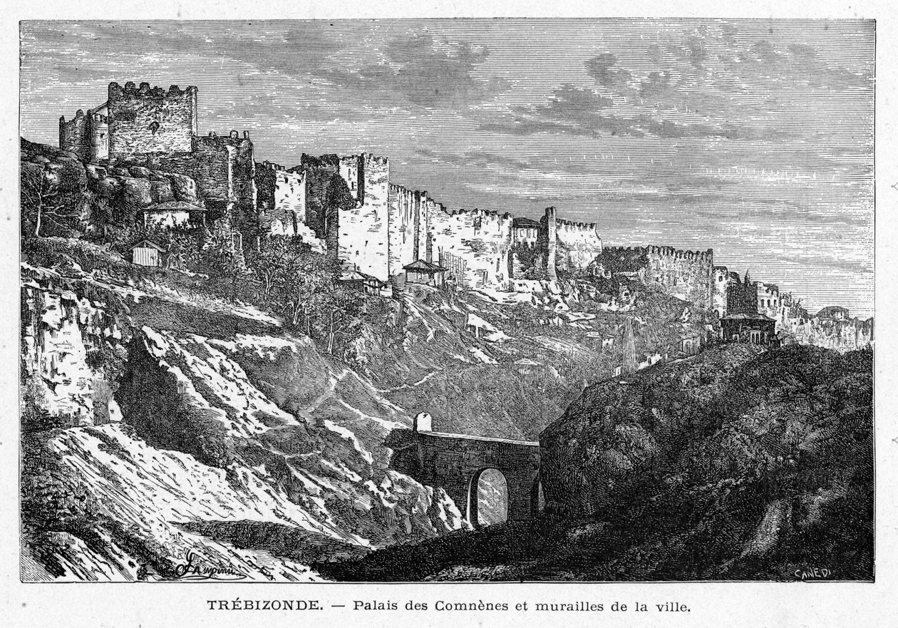 منظر لقصر Comes وجدران مدينة Trebizonde (تركيا). نقش في "Les Missions Catholiques au XIXeme Siecle" للويس-يوجين (لويس يوجين) لوفيت. مجموعة خاصة. بواسطة مجهول مجهول