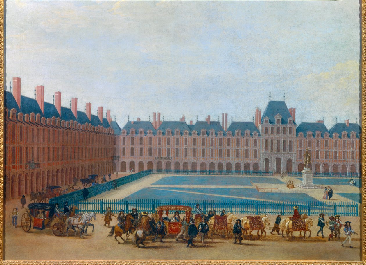 منظر لـ Place Royale حوالي عام 1660 ، مرور بعربة الملك لويس الرابع عشر المكان الحالي des Vosges في باريس. لوحة مجهولة من القرن السابع عشر. خافت. 0،81 × 1،13 م باريس ، متحف كارنافاليت بواسطة مجهول مجهول