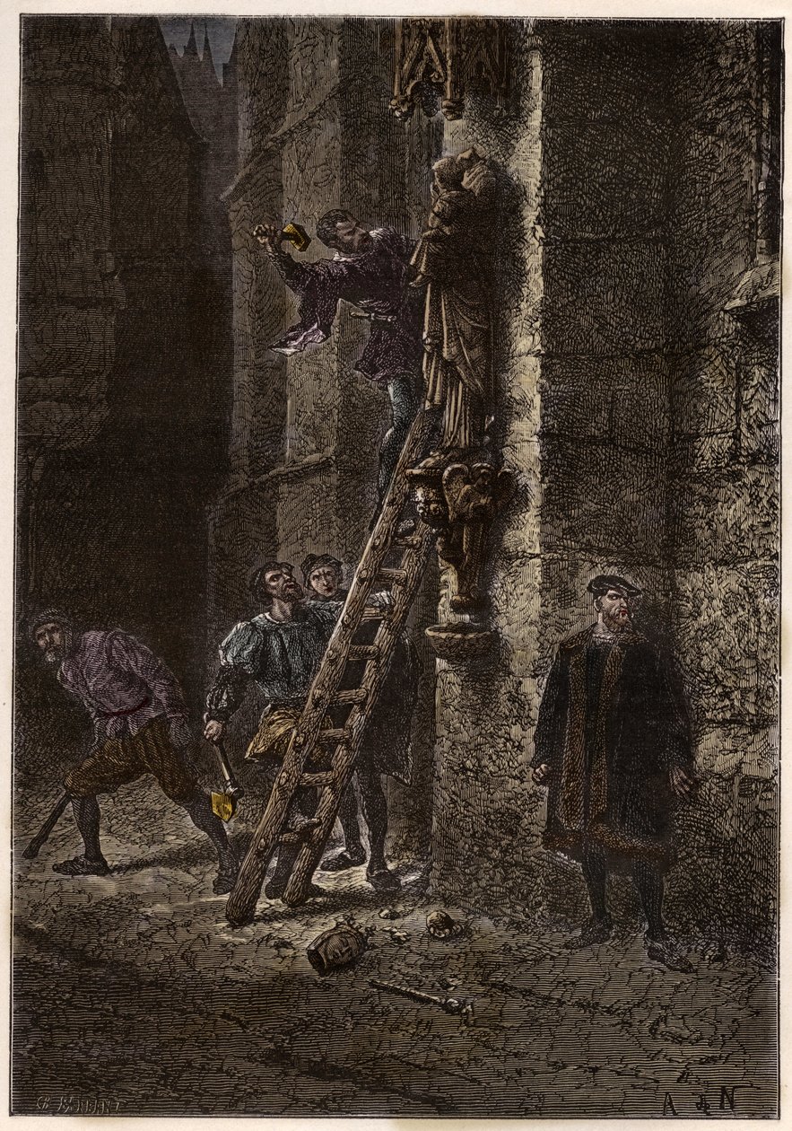 War of Religions - Iconoclasme - Destruction of sacred objects by heretics (Protestants) in the 16th century in France - Heretic Iconoclasts in France - Iconoclastic Fury - Protestants Destroy Images of Mary and the Christ-Child - engraving from “” L