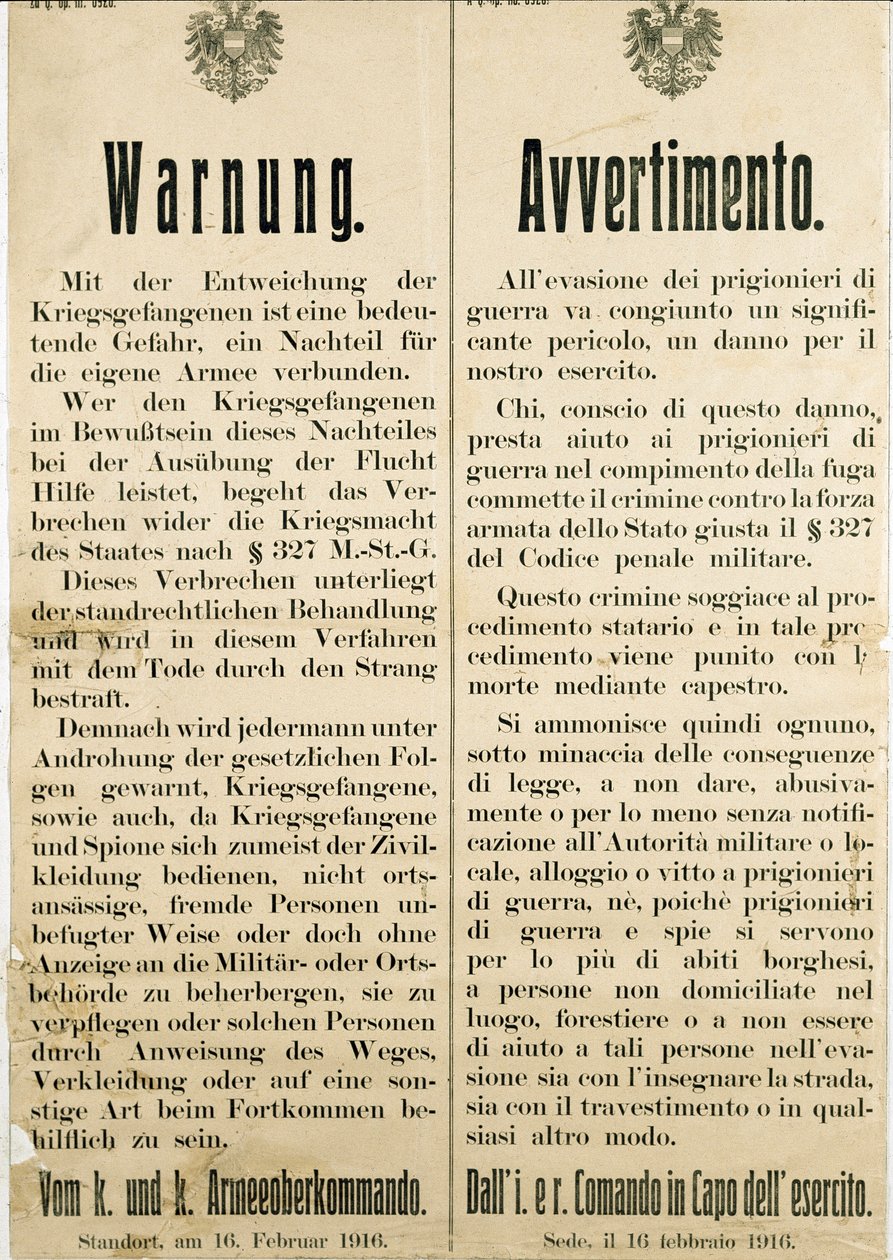 تحذير بعد هروب أسرى الحرب الإيطاليين في 16 فبراير 1916 يطلب من السكان النمساويين عدم مساعدتهم (نقش بواسطة مجهول مجهول