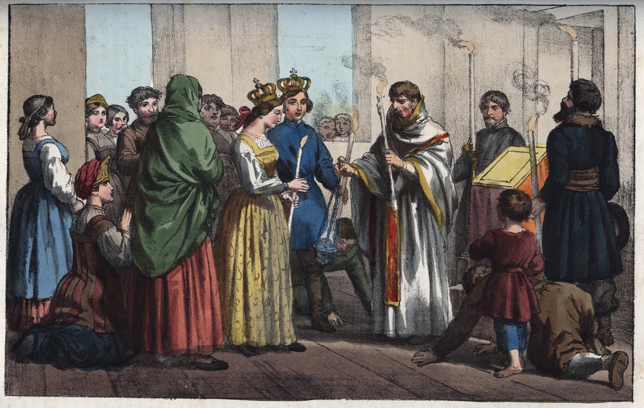 حفلات الزفاف في روسيا في القرن الثامن عشر - نقش من عادات وتقاليد جميع شعوب الكون. أي تاريخ الحكومة ، والقوانين ، والميليشيات ، ودين جميع الأمم من أبعد الأوقات حتى يومنا هذا "1856 بواسطة مجهول مجهول