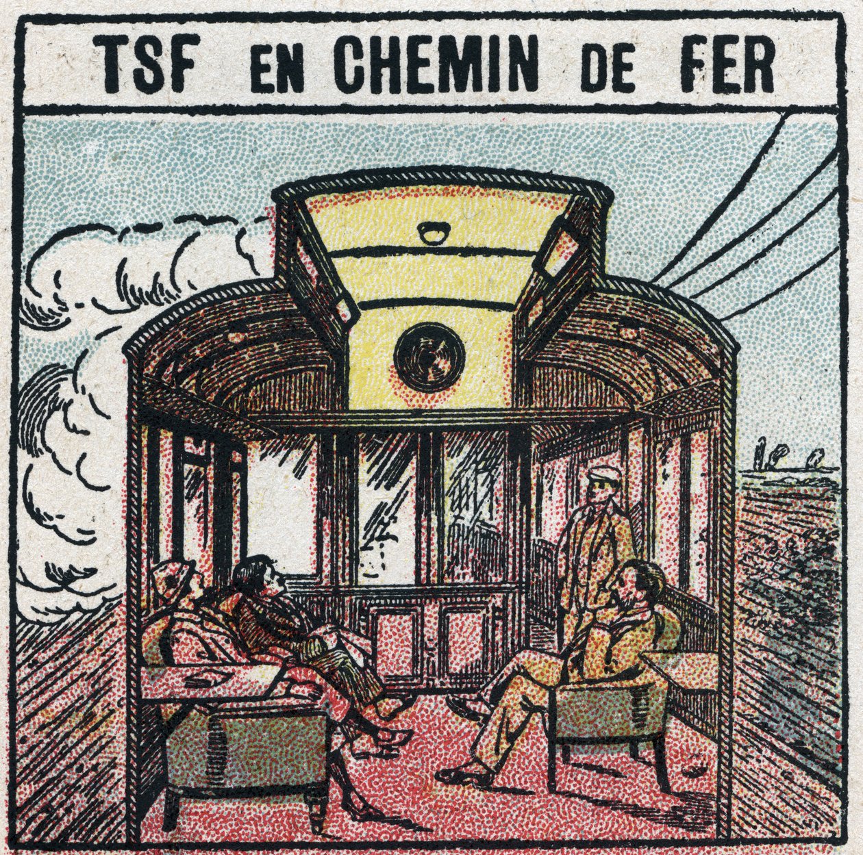 الاتصالات الهاتفية اللاسلكية: TSF في عربة السكك الحديدية. رسم توضيحي مجهول من عام 1925. مجموعة خاصة. بواسطة مجهول مجهول
