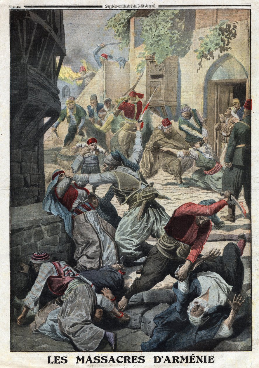 الحرب العالمية الأولى ، الإبادة الجماعية للأرمن ، تدمير السكان الأرمن على يد الأتراك العثمانيين ، رسم توضيحي من صحيفة لو بيتيت جورنال الفرنسية ، 12 ديسمبر بواسطة مجهول مجهول