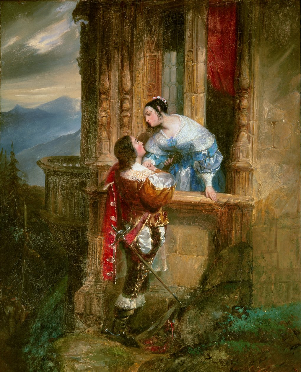 شاب يغازل سيدة على شرفته رسم توضيحي لـ "روميو وجولييت" بقلم ويليام شكسبير (1564-1616). لوحة مجهولة من القرن التاسع عشر. ليون ، متحف الفنون الجميلة - شاب يغازل شابة ، مشهد من الشرفة. رسم توضيحي لـ " بواسطة مجهول مجهول