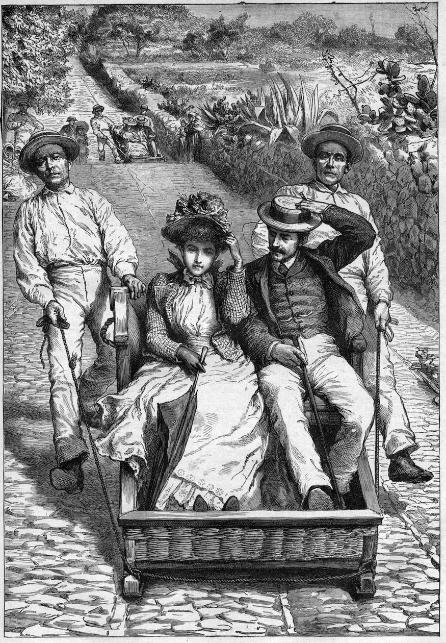 عربات السلة في ماديرا 1893 - Les corinhos (carrieros) a Madere (Madeira) - hommes يوجهون مقعدًا في مكانين في لعبة الروليت (a corinho). نقش في "" Journal des voyages "" "1893 بواسطة مجهول مجهول
