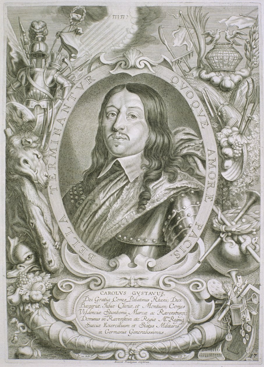 كارل X غوستاف (1622-60) ملك السويد ، من "بورتريهات ديس هومز إيريسز" ، تم نشره عام 1706 بواسطة Anselmus van Hulle