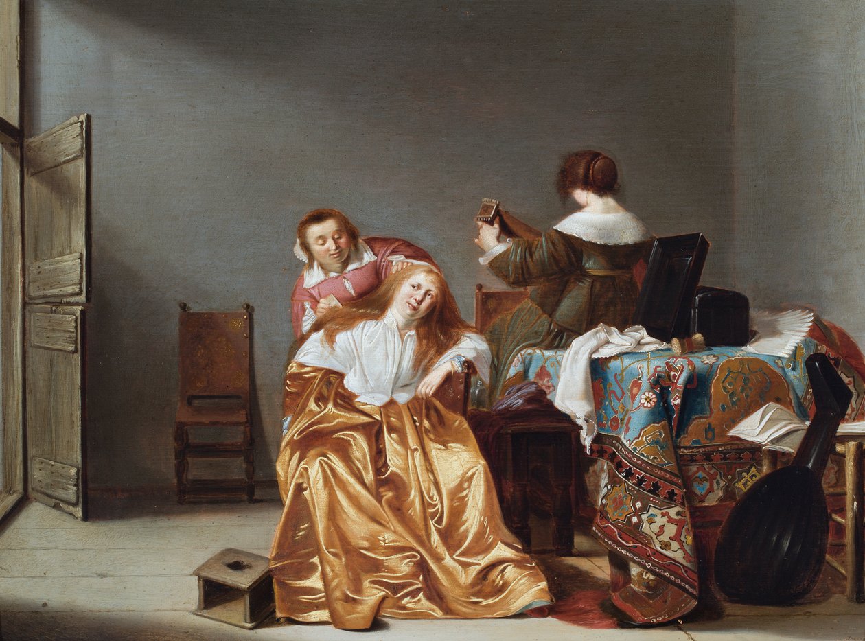 ديكور داخلي مع سيدة في مرحاضها (زيت على لوحة) بواسطة أنتوني (1601-73) بالاميديز