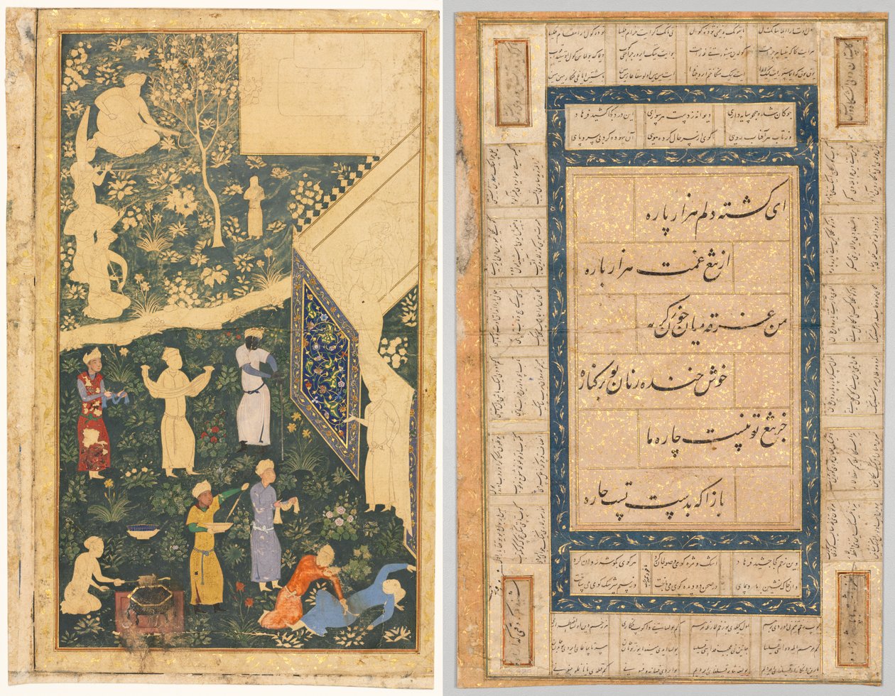 الجانب الأيسر من ورقة ألبوم مكونة من صفحتين: خارج معسكر ملكي (وجه الصفحة) والخط ، آيات فارسية (ظهر) بواسطة أنتوني واترلو