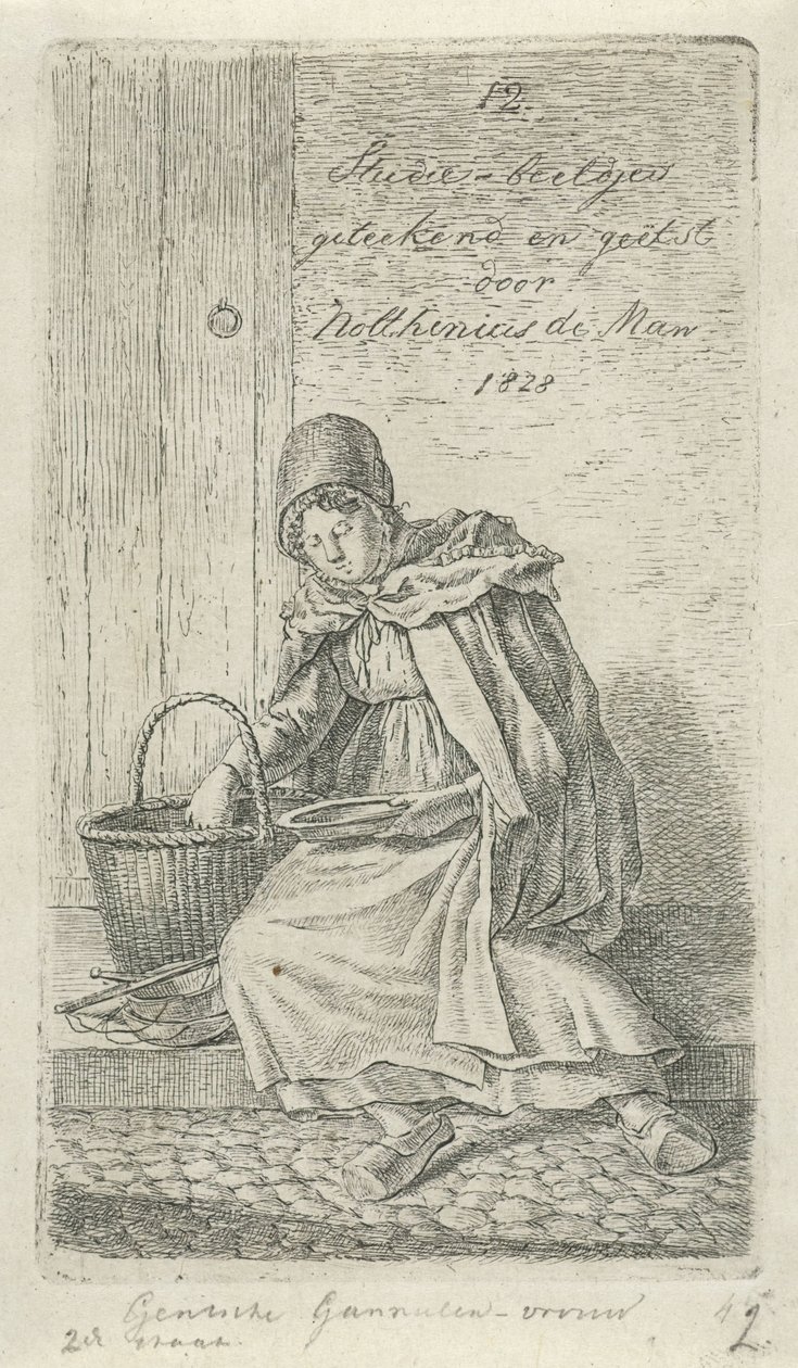 امرأة جالسة مع سلة وطبق Gentsche Shrimp Woman (العنوان على الكائن) 12 دراسة التماثيل (عنوان السلسلة) بواسطة أنتوني ويليم هندريك نولثينيوس دي مان