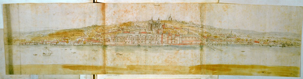 قصر غرينتش من الضفة الشمالية لنهر التايمز ، c.1544 (قلم وحبر ومرحاض على ورق) بواسطة Anthonis van den Wyngaerde