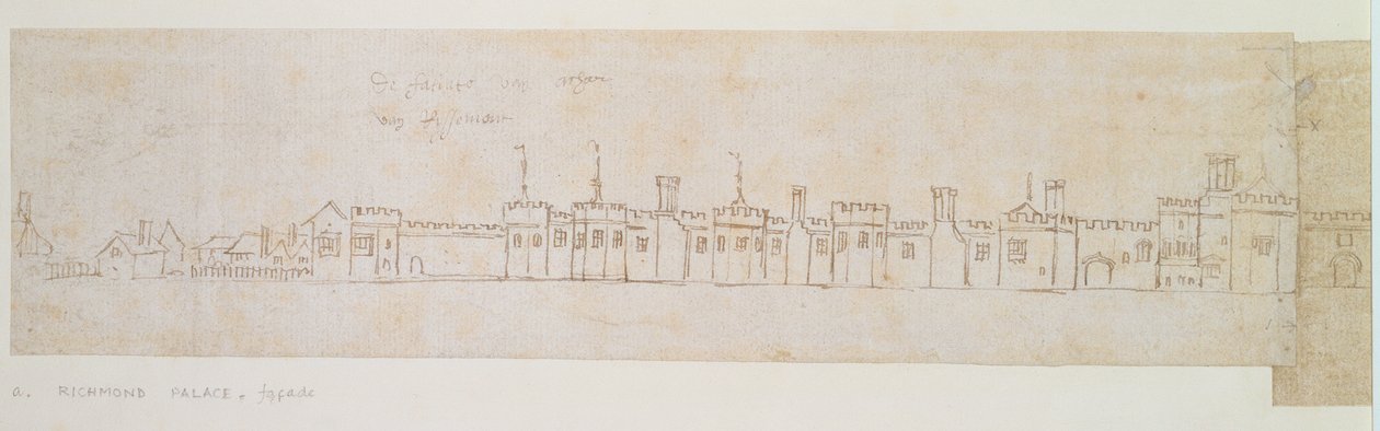 الجدار الخارجي لقصر ريتشموند ، القرن السادس عشر (قلم وحبر على ورق) بواسطة Anthonis van den Wyngaerde