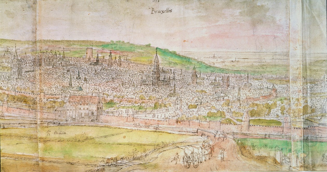 منظر بانورامي لبروكسل ، القرن السادس عشر (قلم وحبر ومرحاض على ورق) بواسطة Anthonis van den Wyngaerde