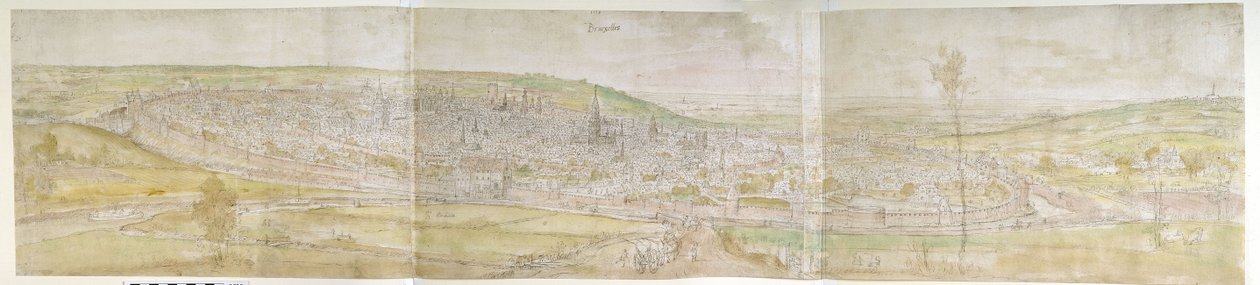منظر بانورامي لبروكسل من الشمال ، 1558 (قلم وحبر بني مع ألوان مائية فوق آثار الطباشير السوداء) بواسطة Anthonis van den Wyngaerde