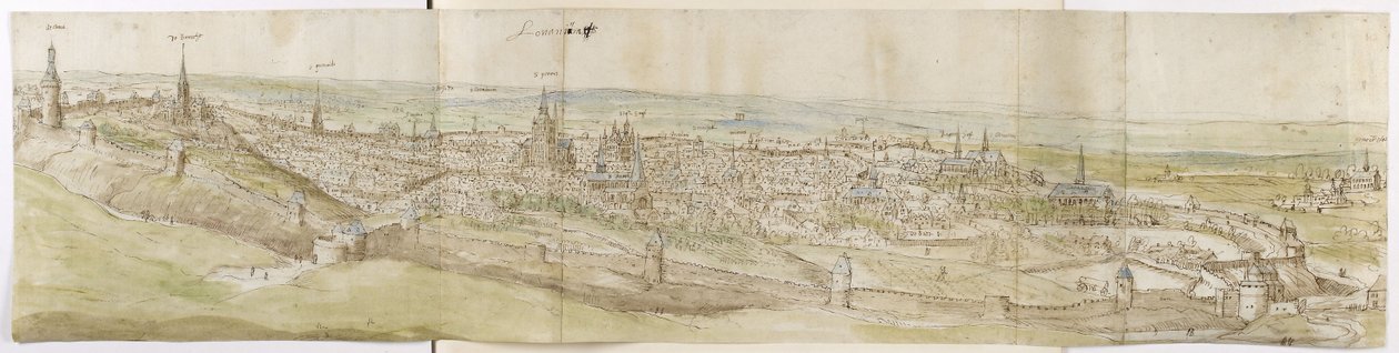 منظر بانورامي ليوفن من الشمال الغربي (قلم وحبر بني وألوان مائية على طباشير أسود) بواسطة Anthonis van den Wyngaerde
