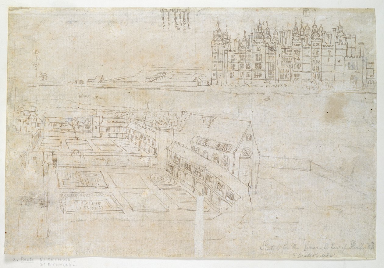 حدائق بريفي ، ريتشموند بالاس ، c.1544 (قلم وحبر على ورق) بواسطة Anthonis van den Wyngaerde