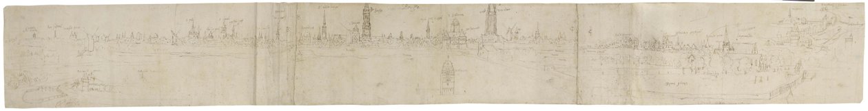 ريكتو: رسم مبدئي لإطلالة على بروج من الجنوب الغربي ، 1558 (قلم وحبر بني فوق آثار الطباشير السوداء) بواسطة Anthonis van den Wyngaerde