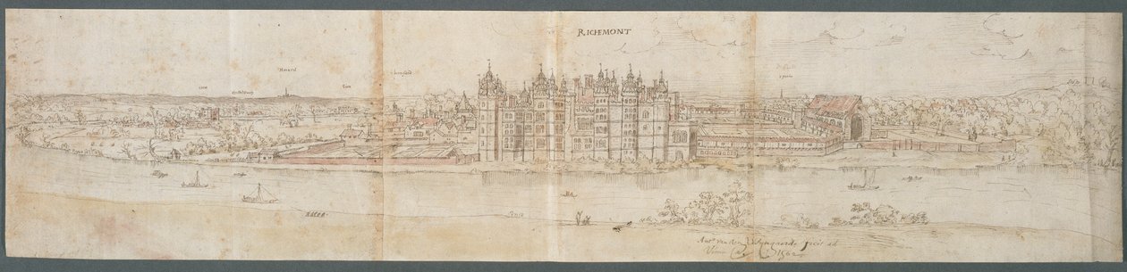 قصر ريتشموند من عبر نهر التايمز ، 1562 (قلم وحبر ومرحاض على ورق) بواسطة Anthonis van den Wyngaerde