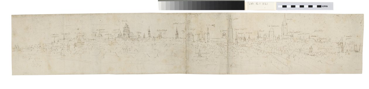 دراسة عن الجزء الأيسر من منظر بروج من الجنوب الغربي (قلم وحبر بني فوق آثار الطباشير السوداء) بواسطة Anthonis van den Wyngaerde