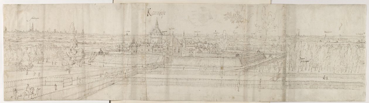 منظر لقصر كانتكروي بالقرب من أنتويرب والريف المحيط ، 1557-58 (قلم وحبر بني فوق طباشير أسود) بواسطة Anthonis van den Wyngaerde
