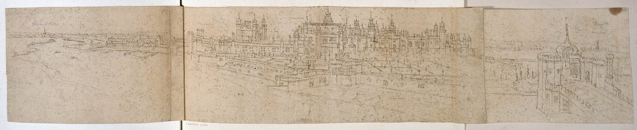 قصر هامبتون كورت من النهر ، c.1544 (قلم وحبر على ورق) بواسطة Anthonis van den Wyngaerde