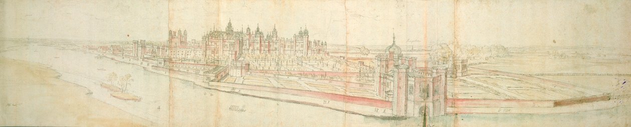قصر هامبتون كورت من النهر ، c.1544 (قلم وحبر ومرحاض على ورق) بواسطة Anthonis van den Wyngaerde