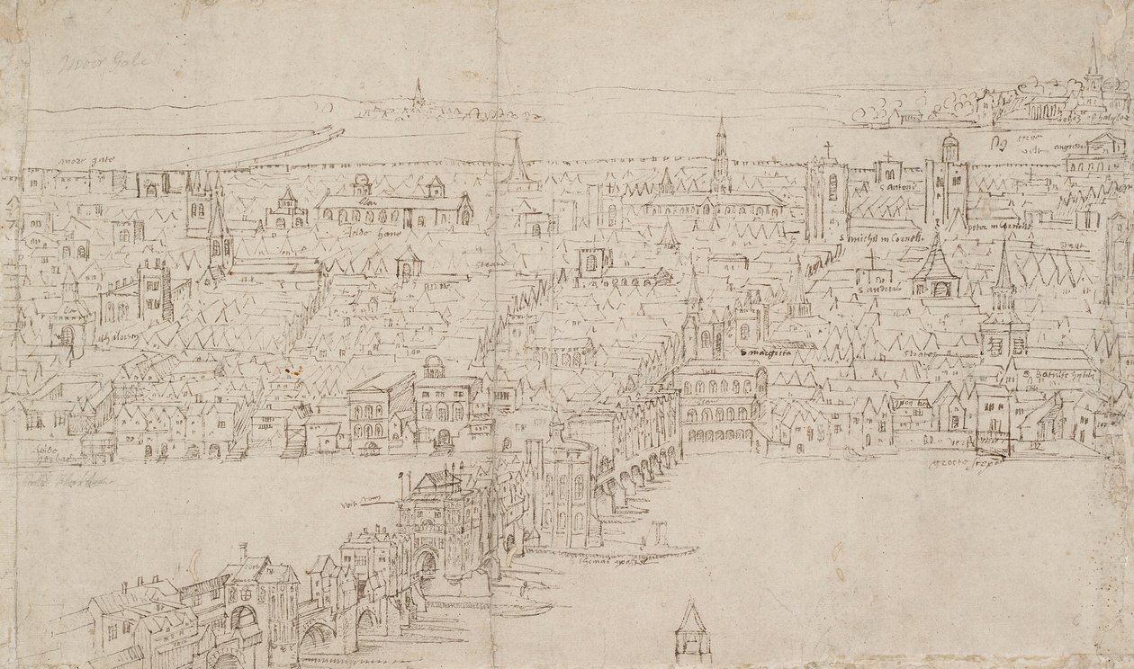 بانوراما لندن كما تراه من ساوثوارك: جسر لندن ، 1554 بواسطة Anthonis van den Wyngaerde
