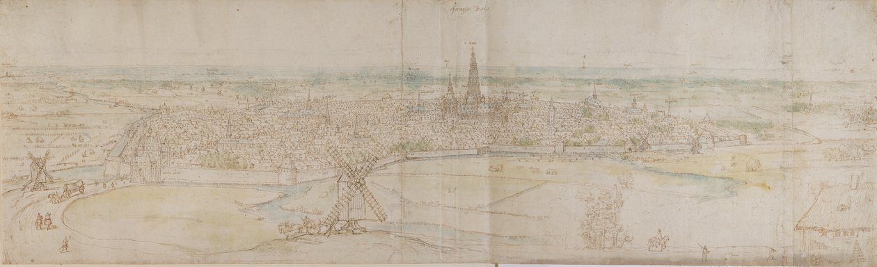 منظر بانورامي لـ s'Hertogenbosch Den Haag من نقطة مرتفعة إلى الجنوب الغربي ، c1545-50. بواسطة Anthonis van den Wyngaerde