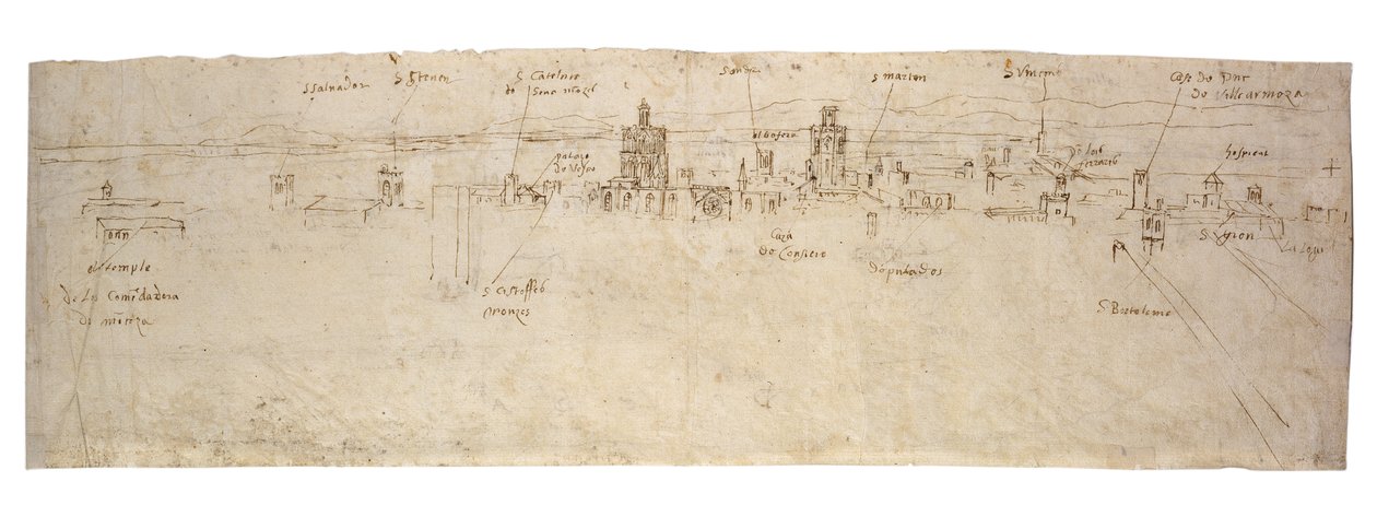 Recto: رسم تخطيطي لبحيرة فالنسيا ، La Albufera والساحل المجاور والريف فيرسو: رسومات تخطيطية للعديد من المباني في فالنسيا بواسطة Anthonis van den Wyngaerde