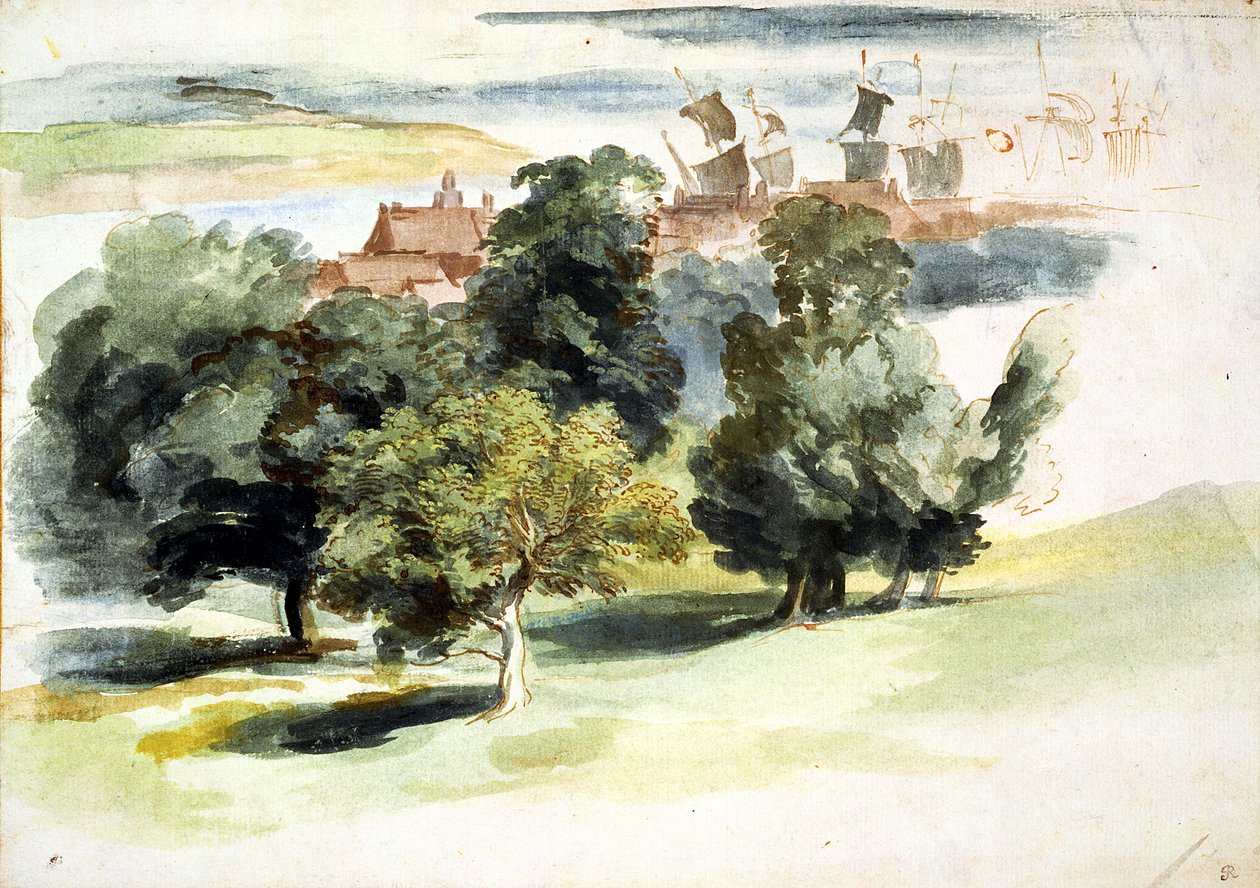 منظر طبيعي إنجليزي ، c.1635-41 (مرحاض ، غواش وقلم وحبر على ورق) بواسطة أنتوني فان ديك