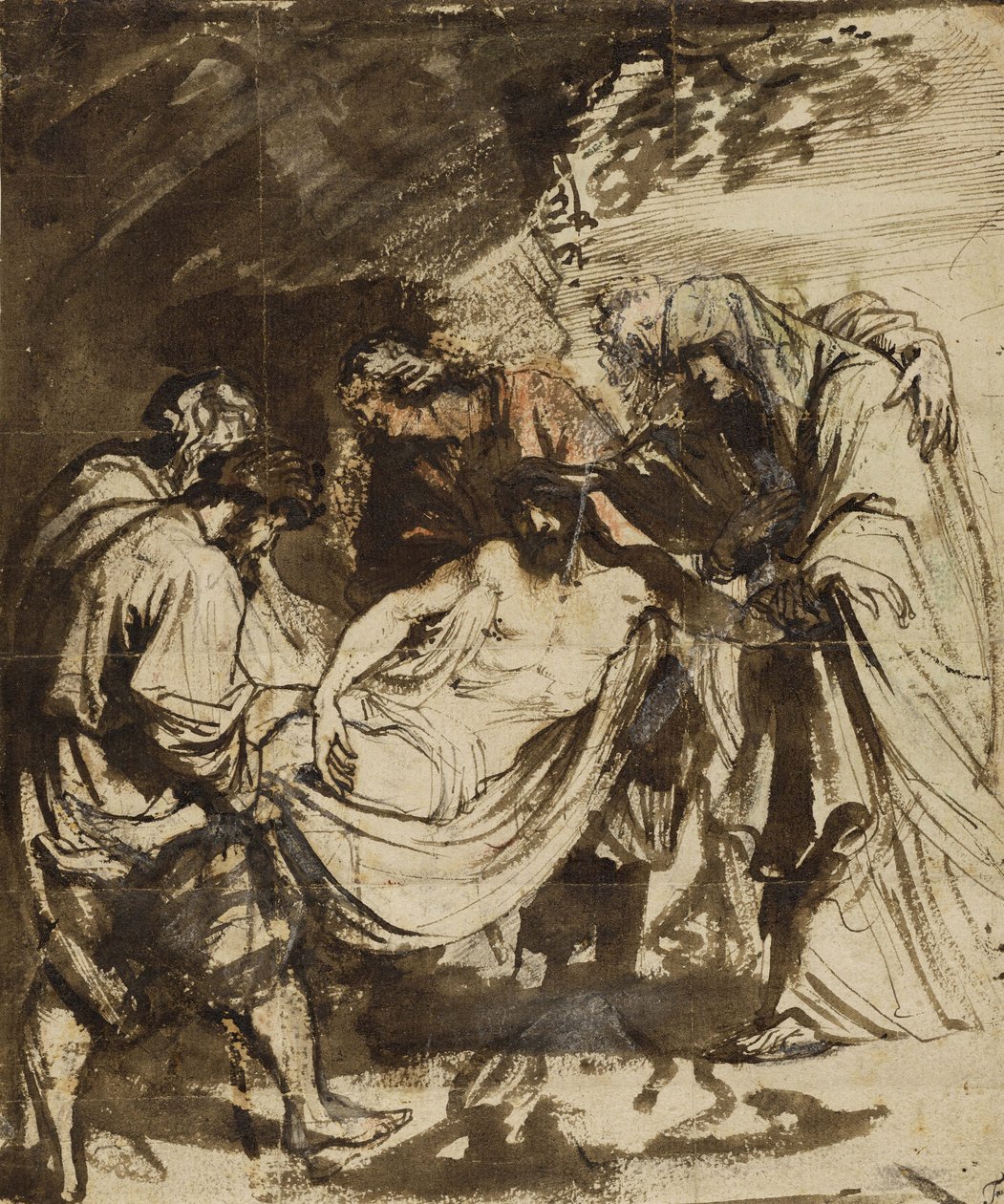 The Entombment (المستقيم) (1617-1618) (الطباشير الأسود ، القلم والحبر البني ، الغسل البني والأحمر ، الطباشير الأحمر والأزرق ، وارتفاع الغواش الأبيض) بواسطة أنتوني فان ديك