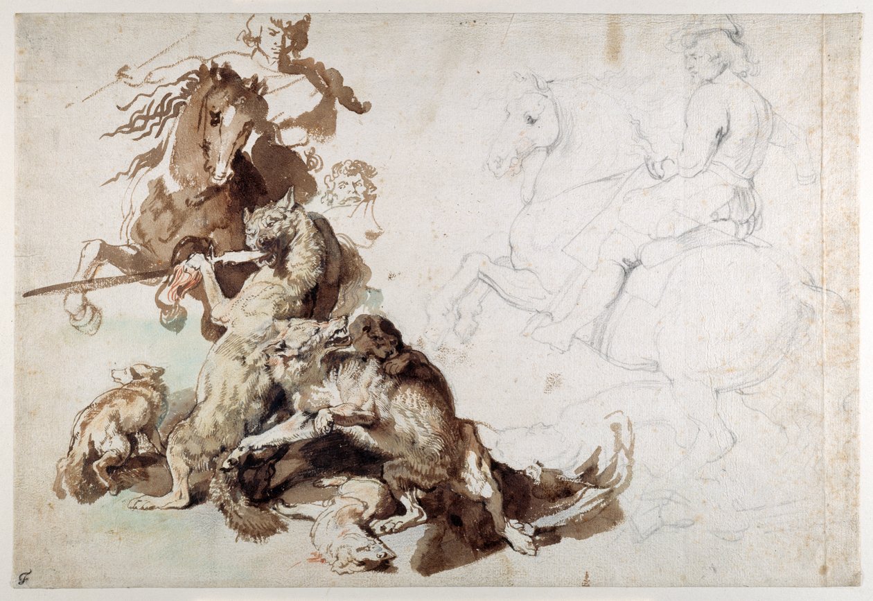 A Wolf and Fox Hunt (The European Hunt) (chalks with wash on paper) بواسطة أنتوني فان ديك
