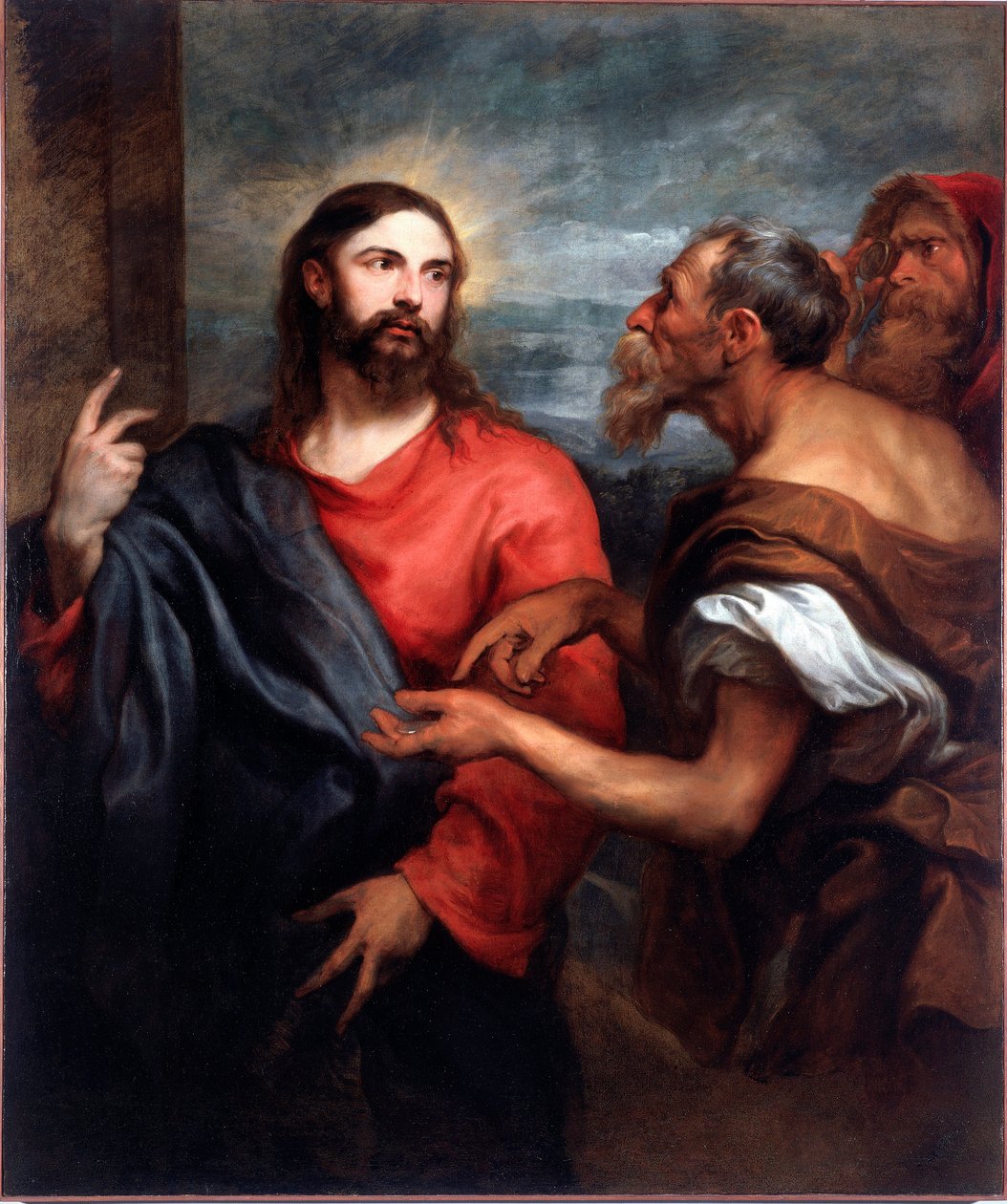 المسيح لديه العملة أو "" دفع الجزية "اللوحة بواسطة أنطونيا فان ديك (1599-1641) 1623-1624 صن. 140x120 سم الجينات ، جاليريا دي بالازو بيانكو بواسطة أنتوني فان ديك